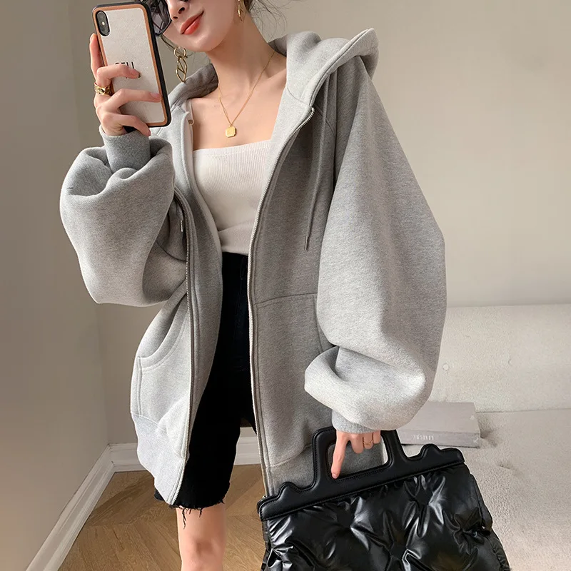 

Women's Autumn and Winter Hoodie with A High-end Feel and Velvet Women's Zipper Cardigan Hooded Loose Fitting Raglan Sleeve Top