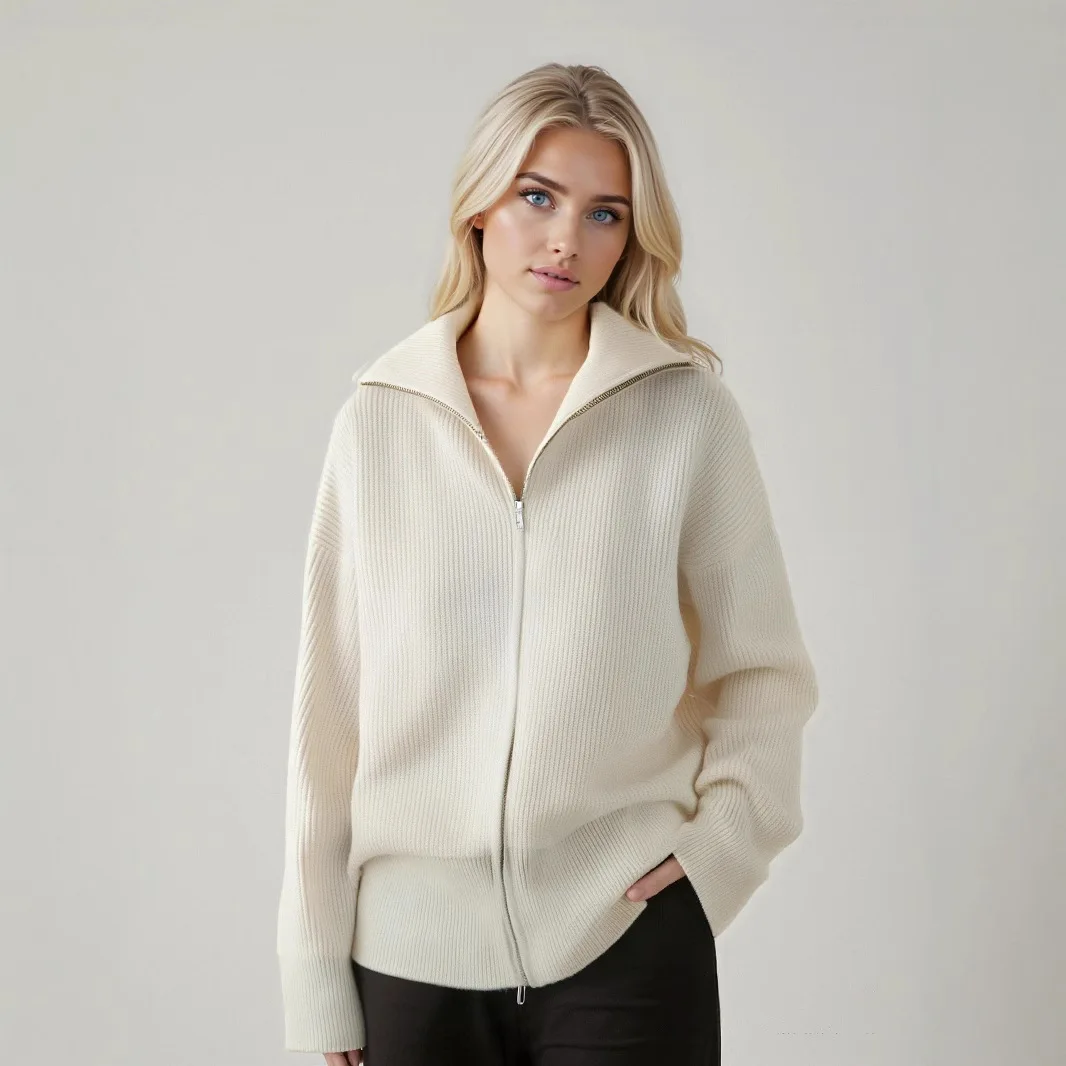 

Solid color sweater women's autumn and winter new European and American lapel design zipper lazy knitted cardigan women's coat