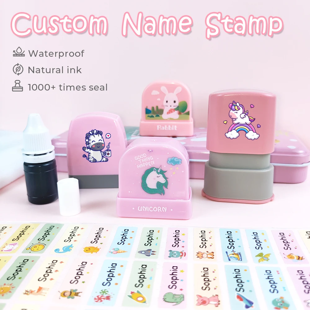 Bundel tinta stiker stempel Nama kustom Unicorn hewan dinosaurus kartun untuk anak-anak pakaian bayi tahan air segel