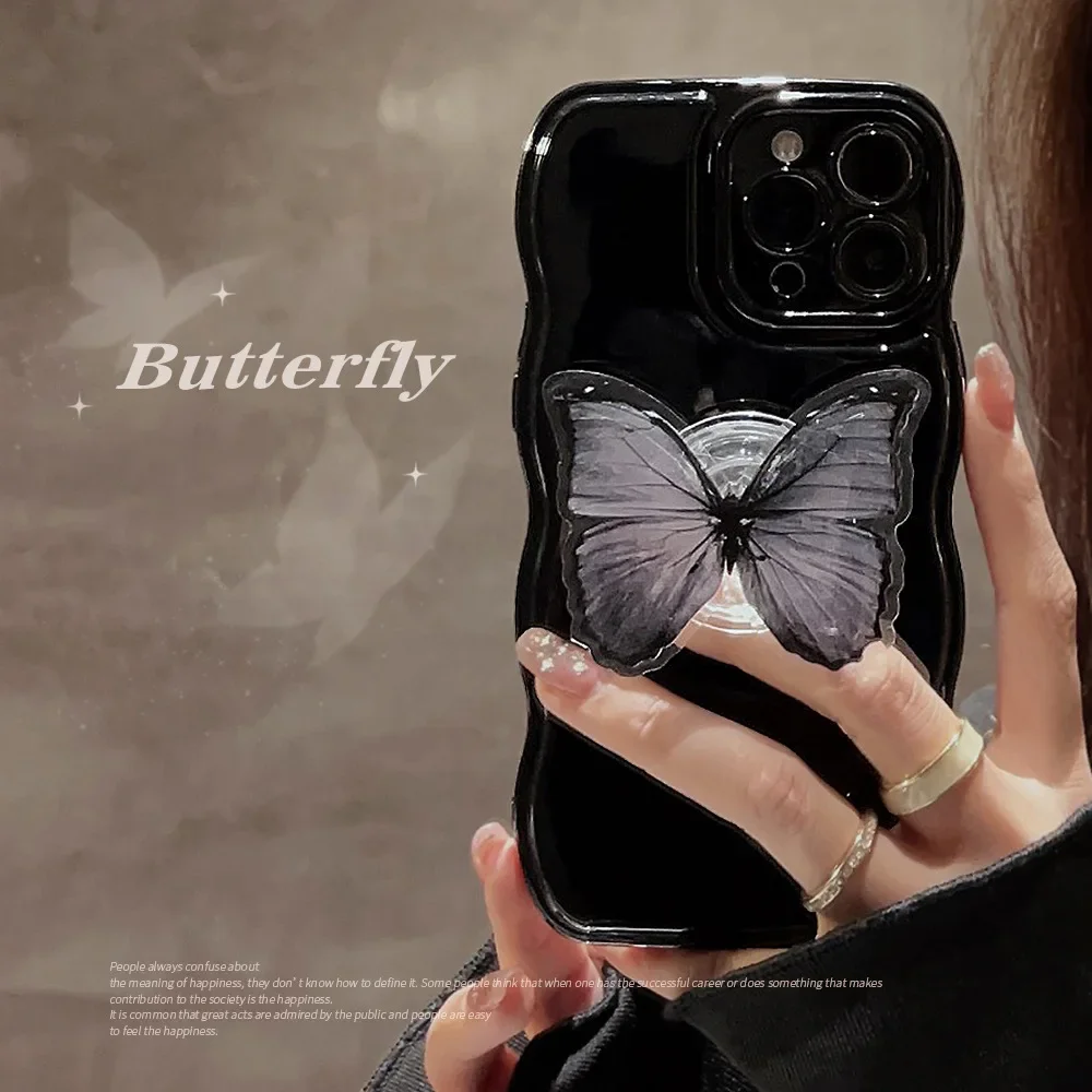 Ins Dark Style Butterfly Holder Phone Case for iPhone15 14 13 12 11 Pro Mini XS Max 8 7 Plus X XR Shockproof Hard Cover