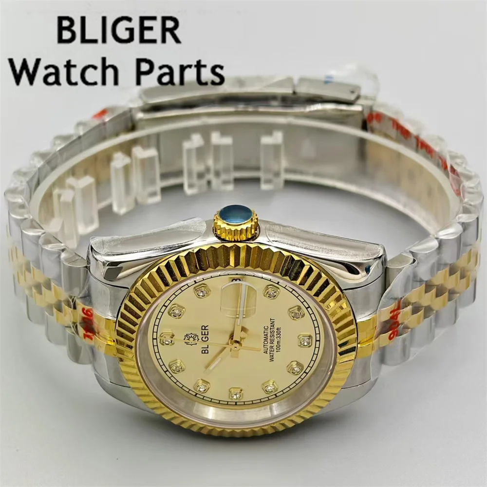 BLIGER 36mm/39mm Luxury Men Watches NH35 Automatic Silver Gold Case Gold Dial Diamond Blue AR Coated Glass Date Waterproof