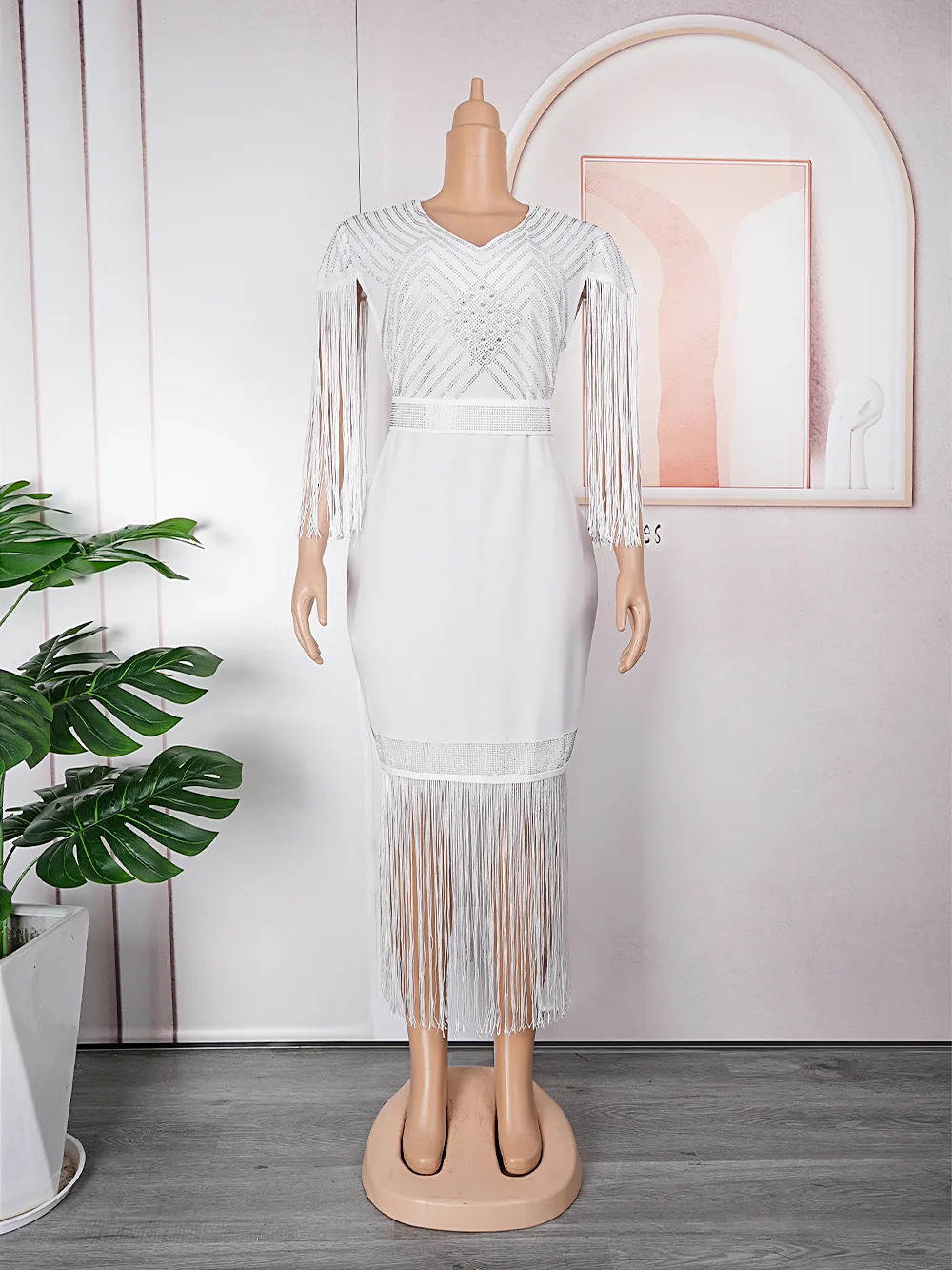 Long White Dress Women Sexy Dresses Bodycon Hot Drill Vestidos Streetwear V Neck Tassels Elegant Y2k High Waist Party Night
