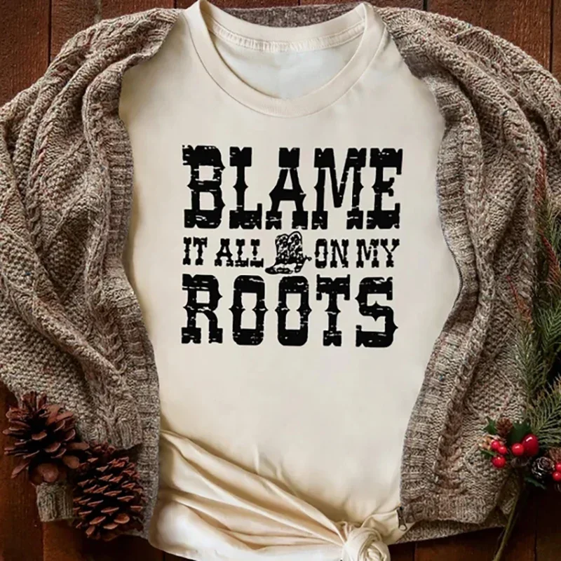 Blame Roots Letter Print Western Cowgirl Shirt Summer Women Graphic Tees Short Sleeve Loose Funny T-Shirt Vintage Tops Grunge