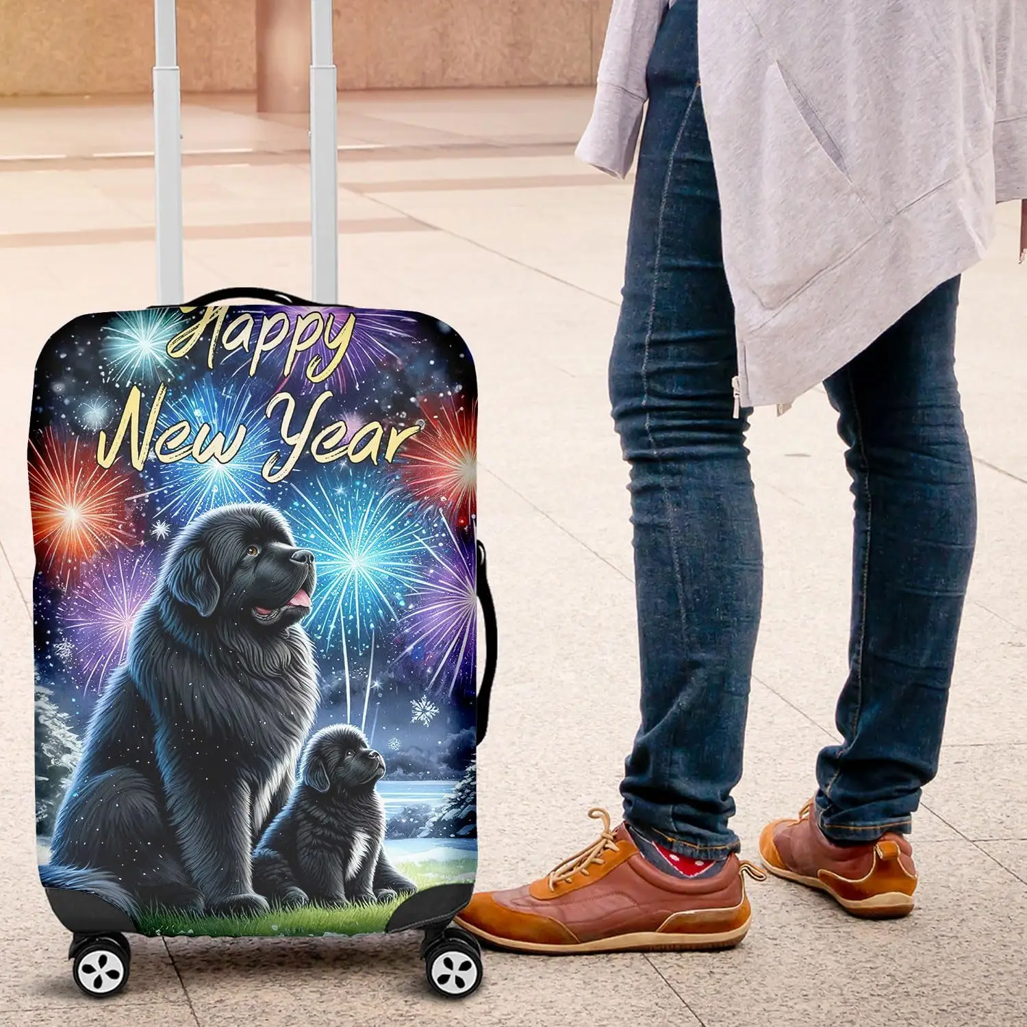 

С Новым годом, семейный Новый Фоундленд, зимний полуночный фейерверк, дорожный чехол для багажа, подарки для любителей собак для новорожденных