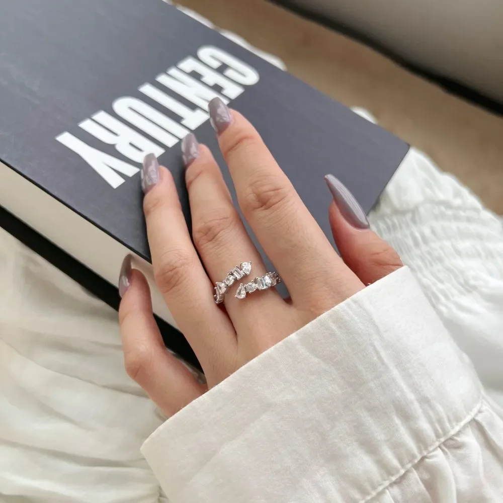 STL Korean Version New S925 Pure Silver Women's Ring with Geometric Zircon Inlay, Simple and High-end