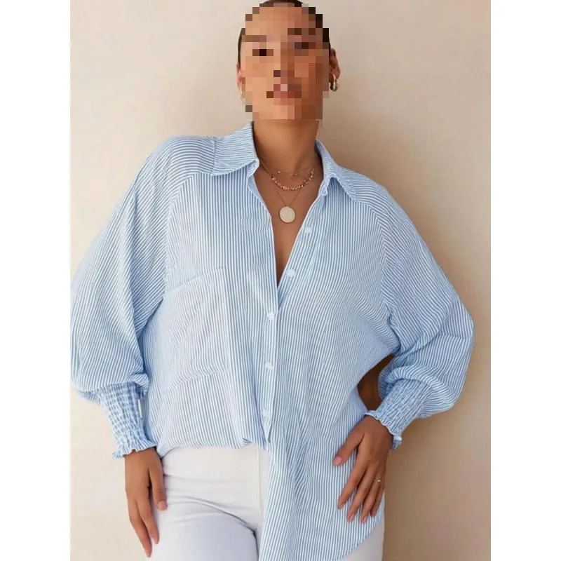 

Blue Striped Faionable irt Women's Autumn Winter Versatile Silk irt Ele Sle Cosite Fabric Ladies' Premium Clot...