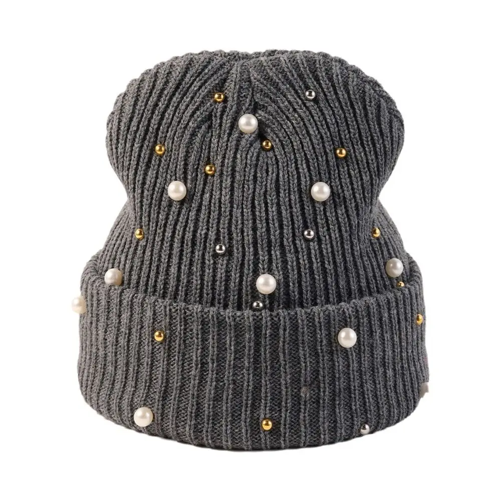 Simulated Pearl Knitted Beanie Hat Knitted Texture Warm Coverage Brimless Skull Cap Brimless Style Solid Cotton Beanie