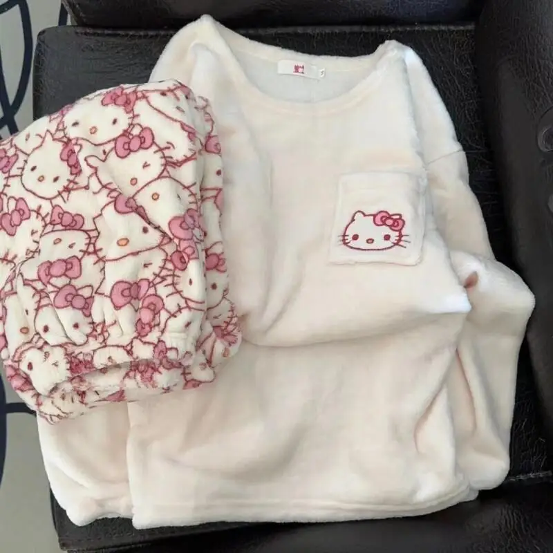 

Sanrio Hello Kitty Pajamas Set Women Winter Flannel Fleece Lined Thickened Homewear Japanese Cute Cartoon Kawaii Sleepwear Set