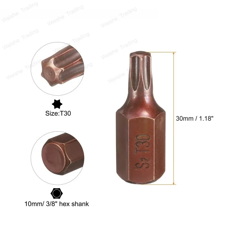 T20 T25 T27 T30 T35 T40 T45 T50 T55 M5 M6 M8 M10 M12 Screwdriver Bit Hex Shank 30mm S2 Steel Security Tamper Proof Head Bit view 4