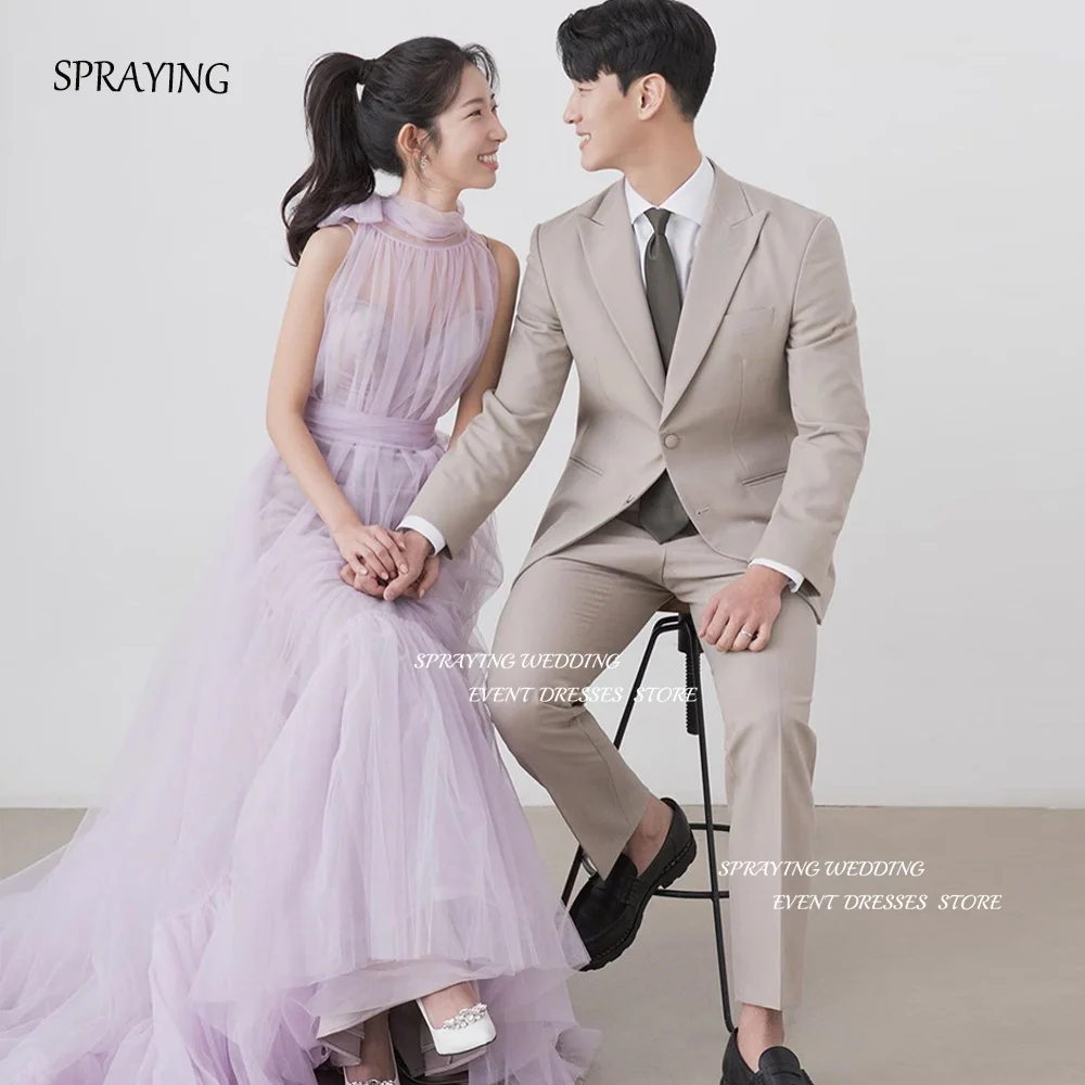 SPRAYING Simple Wedding Dresses Purple Photo Shoot Bridal Gown High Collar Pleat Sleeveless Party Dresses 웨딩드레스 Custom Made