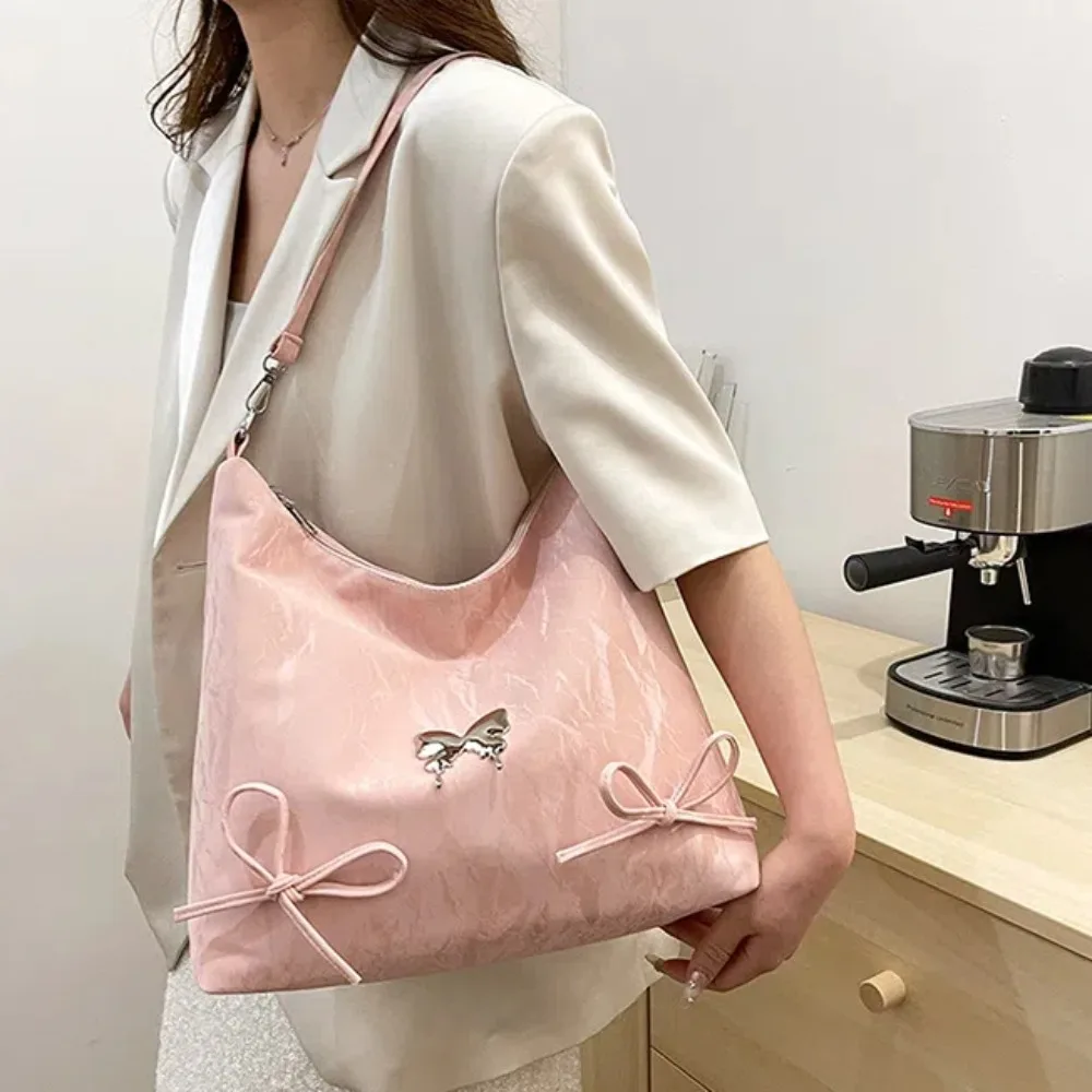 

Sweet Satin Surface Bow Ribbon Handbag Solid Color Large Capacity Texture Underarm Bag Luxury Gentle Zipper Shoulder Bag Women