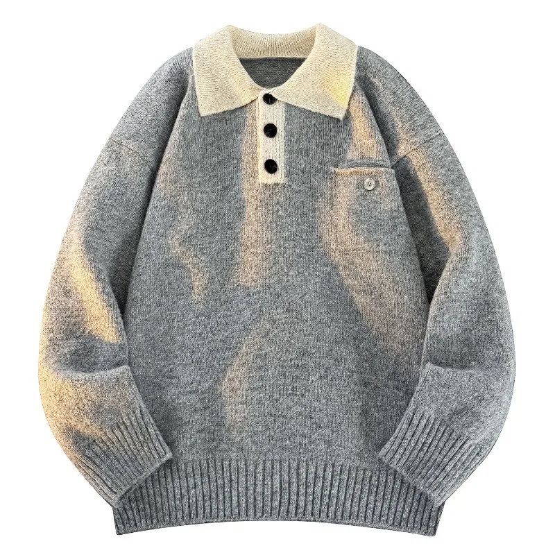Mens Autumn Winter Turn Collar Cable Knit Sweater Button Loose Casual British Style Knitwear Pullover Top