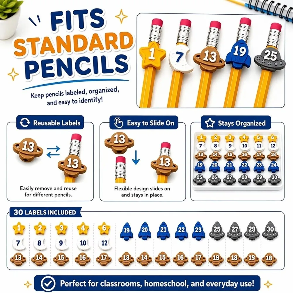 6/30PCS 1-30 Numbered Numbered Pencil Toppers Non-Slip Space-Themed Pencil Tracking Markers Sturdy Color Coded