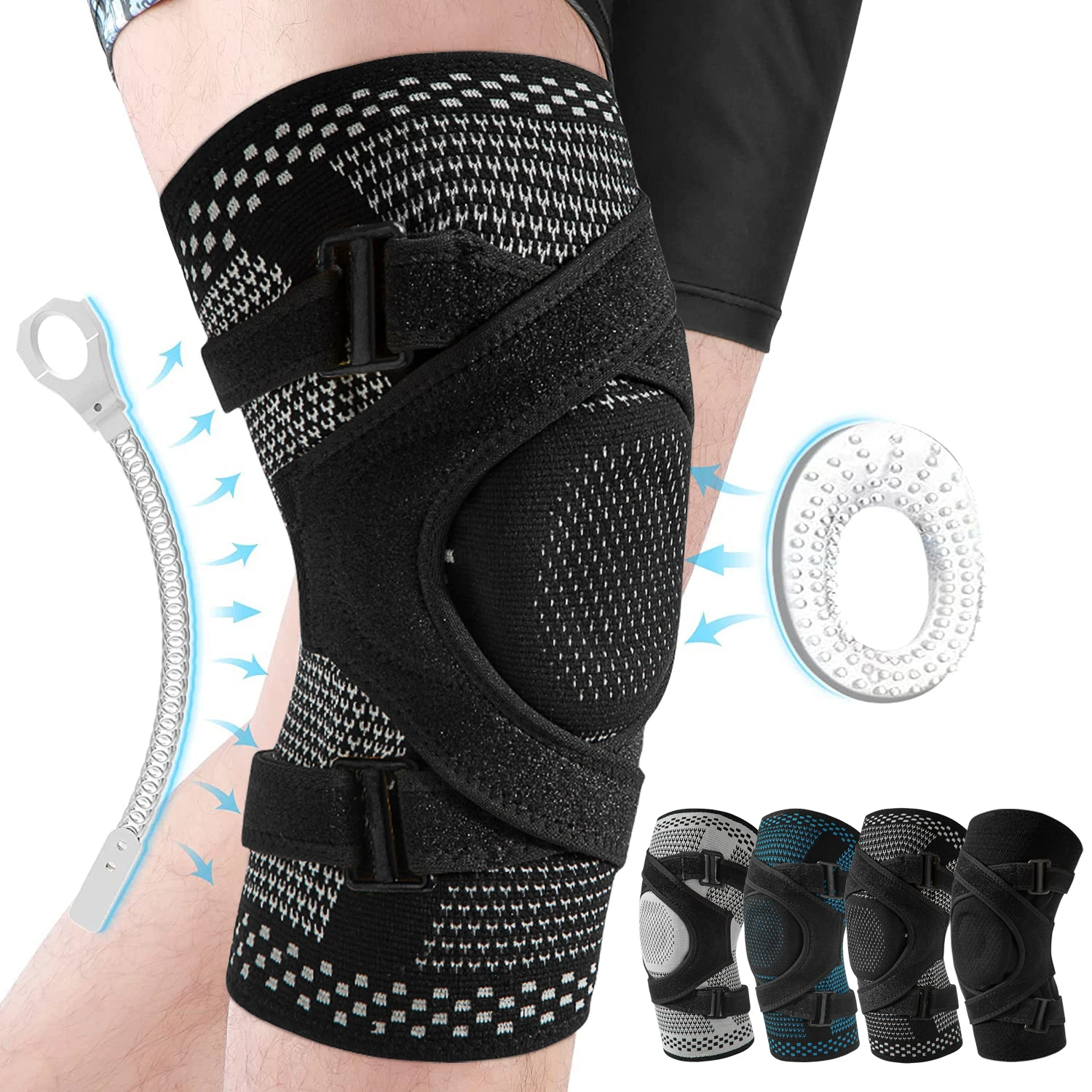 Knee Brace Support with Straps Side Stabilizers & Patella Gel Pad Compression Sleeve for Knee Pain Meniscus Tear Running Working