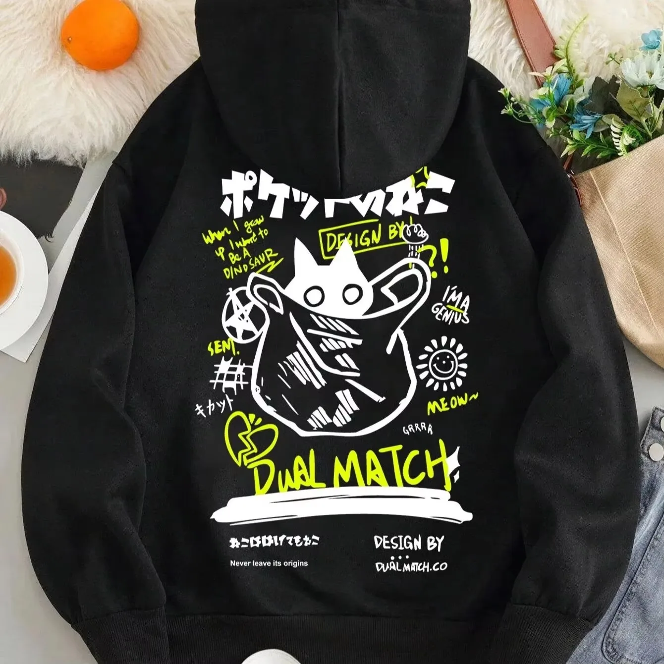 2026 Japanese Graffiti Cartoon Cat Graphic Hoodie Unisex Oversized Long Sleeve Pullover Harajuku Hip Hop Hooded Sweatshirt Kids