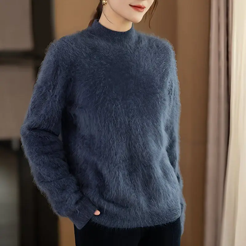 

Half High Neck Sweater For Women, 100% Mink Cashmere Pullover, Long Sleeved Slim Fit, High-End Solid Color Warm Knit Sweater New