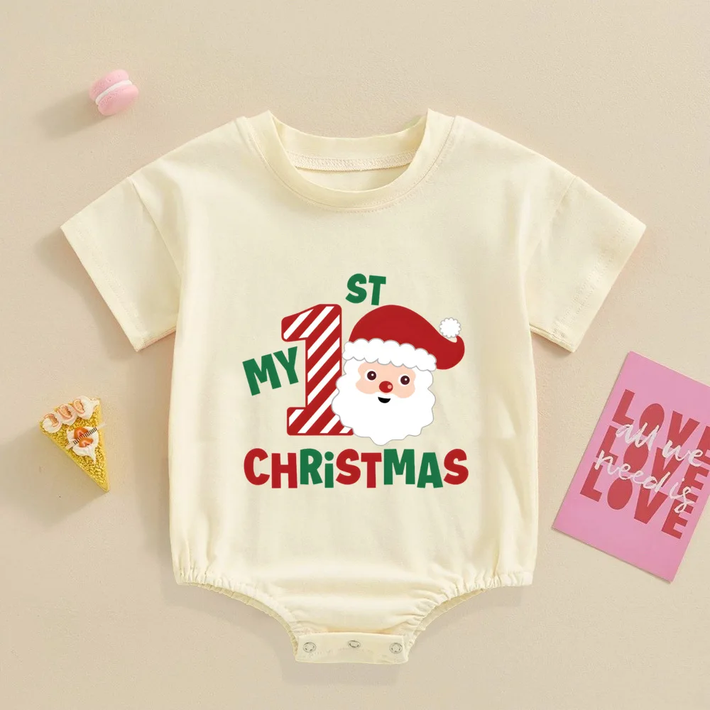 1st Christmas Print Baby Bubble Romper Casual Short Sleeve Oversize Bodysuit Fashion Baggy Bubble Romper Christmas Party Clothes