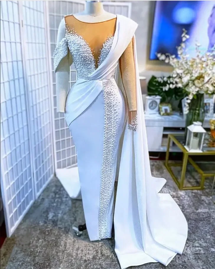 Customized Scoop Neck Shinny Beads Pearls A-Line  Wedding Dress Vestidos De Novia Floor Length Elegant Plus Size  Bridal Gown