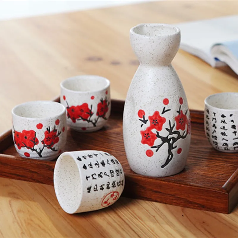 Vintage Ceramic Sake Pot Cups Set Characters Poem Japanese Cuisine Sake Bottle Spirit Pot Set with Cups