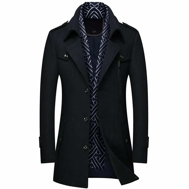 Thickened men's wool tweed trench coat scarf collar medium-length tweed coat coat men's clothing