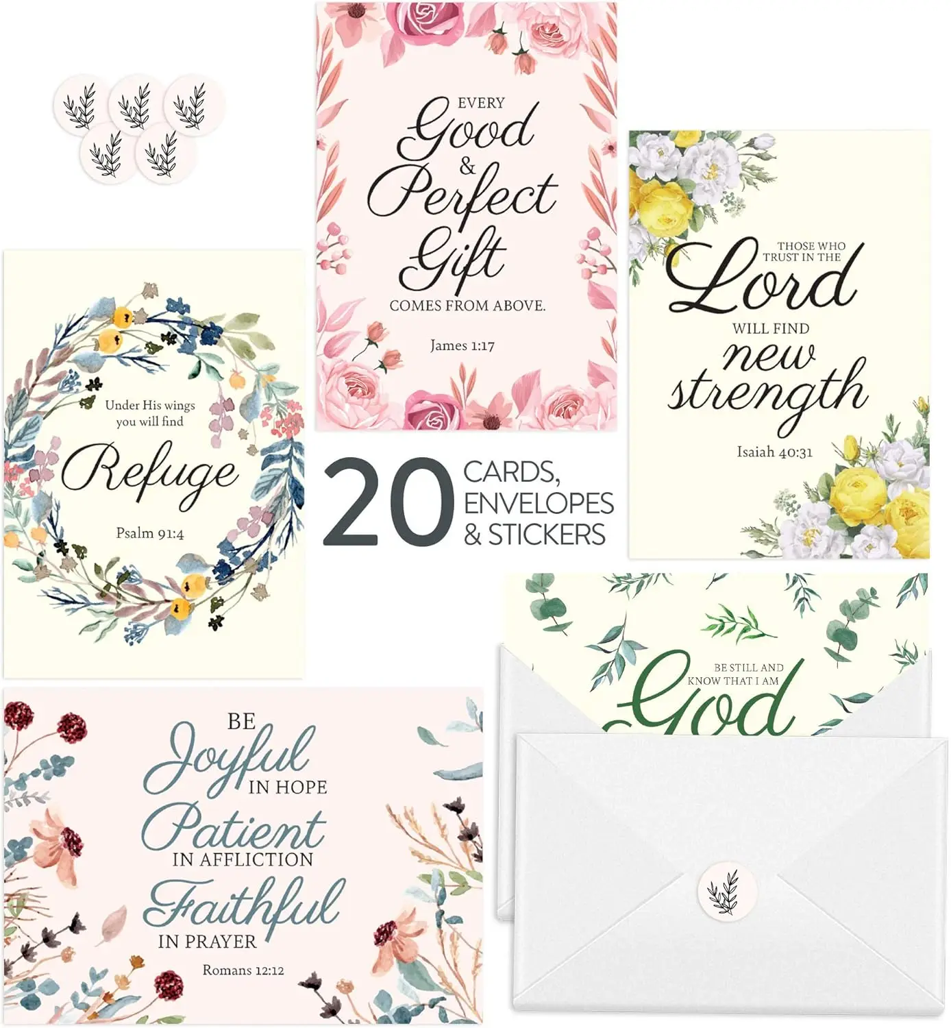 

20 Inspirational Christian Greeting Cards of Encouragement with Envelopes and Stickers, Motivational Religious Bible Verse Scrip