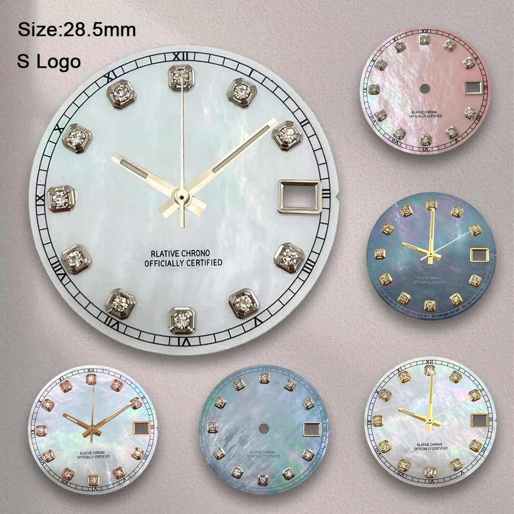 New 28.5mm S Logo NH35 Diamonds Mother Pearl Dial For NH35 Movement No Luminous Watch Modification Accessories Repair tools