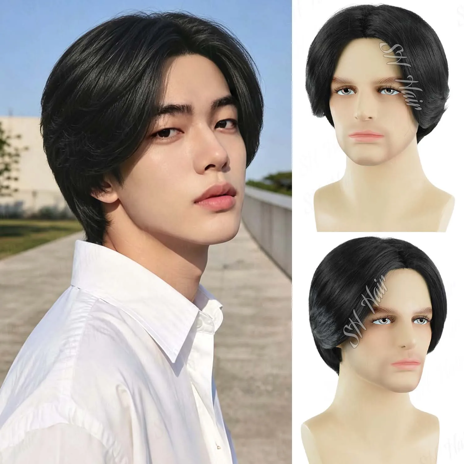 

Synthetic Short Straight Boy Wig Funny Black|Brown for Men Middle Part Male Wig for Daily Party Halloween Wear Leon Cosplay Wig