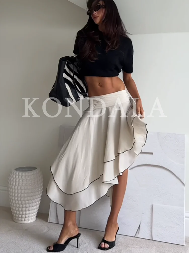 KONDALA Women Elegant Asymmetrical Short Skirt Holidays Casual 2026 Spring Summer New Fashion Skirt Lady Laminated Ruffled Skirt