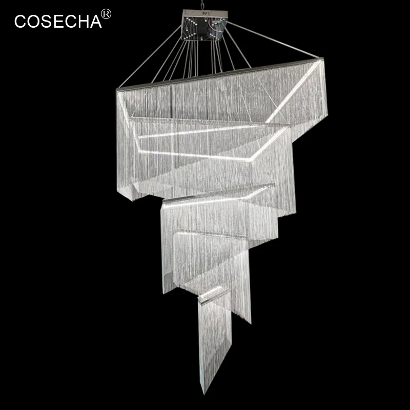 Led Aluminum Chain Square Chandelier Gold/Silver Hanging Lamp For High Ceiling Living Room Lobby Staircase Large Chandeliers