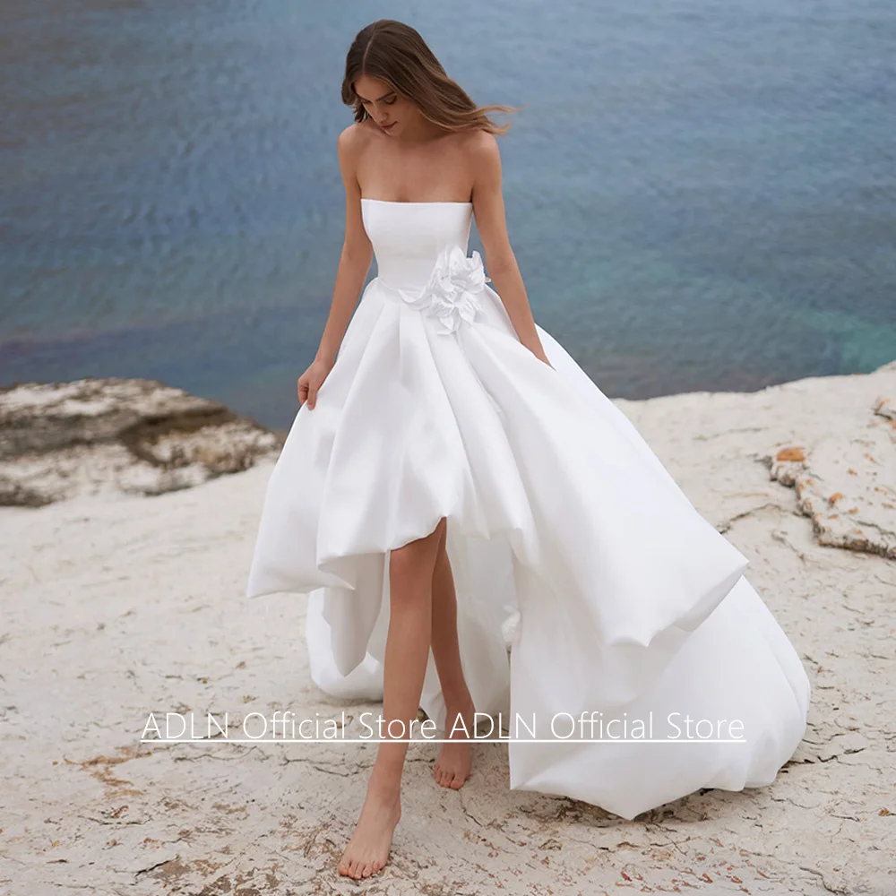 Sexy Strandhochzeitskleid, maßgeschneidert, trägerlos, ärmellos, Reißverschluss hinten, Hi-Lo-A-Linie, Satin-Brautkleid, Vestido De Noiva