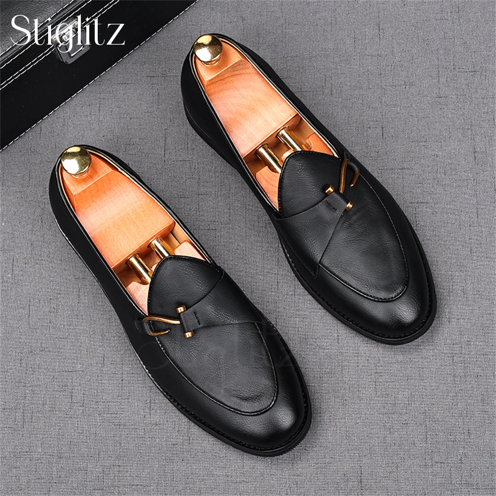 

Metal Buckle Monk Strap Shoes for Men Elegant Luxurious Dress Shoes Slip On Almond Toe Comfortable Business Black Leather Shoes