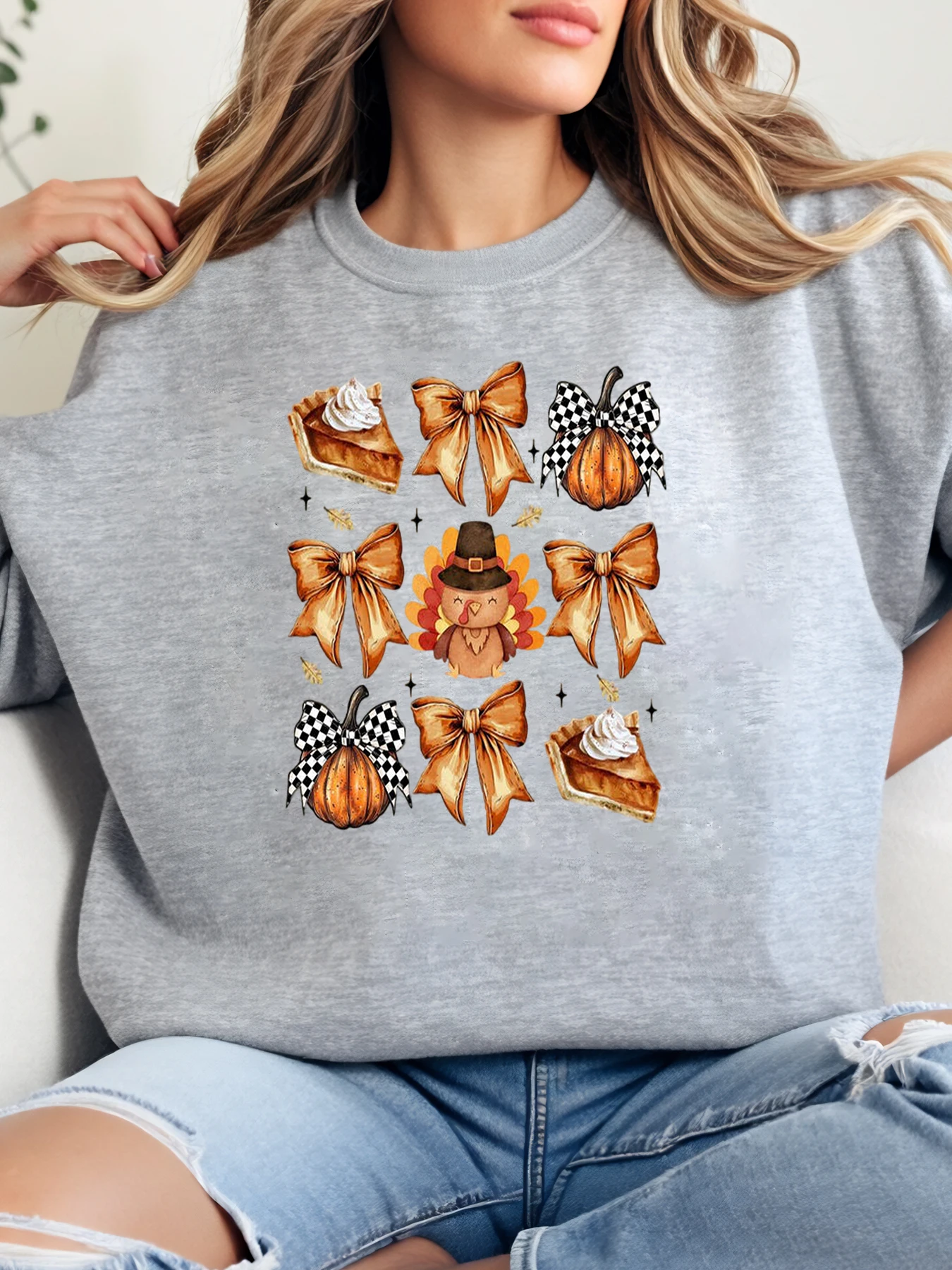 الشكر تركيا فطيرة اليقطين القوس طباعة Crewneck البلوز المرأة عارضة الخريف عطلة ارتداء رمادي زائد الحجم #1