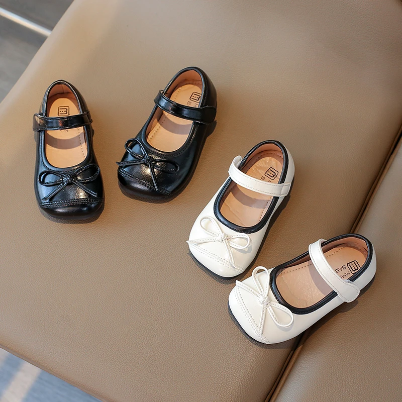 

Autumn Girl's Princess Shoes Bowknot Square Toe Sewing Chic Kid's Flat Shoe Black Beige Pu Leather Sweet Daily Children Shoe
