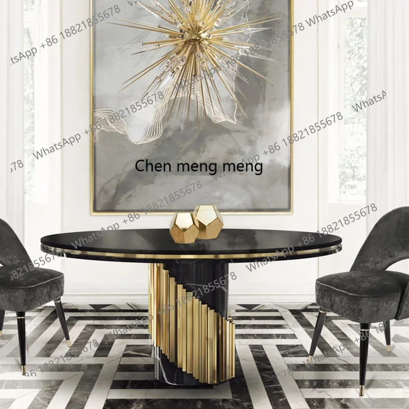 

cc182Dining table natural marble creative design stainless steel large round table dining room furniture