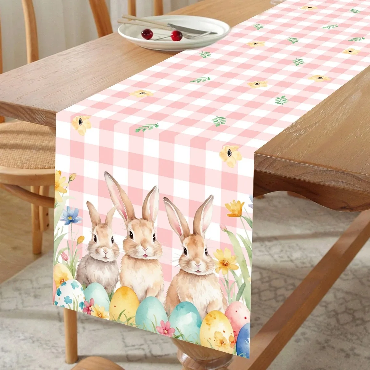 Easter Watercolor Rabbit Bunny Colorful Eggs Table Runner Party Decor Spring Farmhouse Kitchen Dining Table Runner Easter Decor