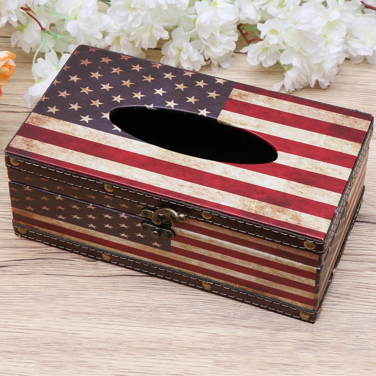 

British Style Tissue Box Premium Wood Sturdy Classic Stars Stripes Pattern Suitable for Home Office Square Tissue Holder