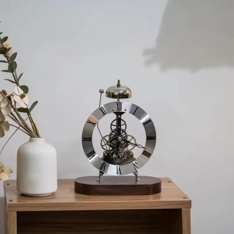 Luxury Black Walnut Solid Wood Base Creativity Light Seat Clock Perspective Mechanical Movement Study Living Room Table Clock