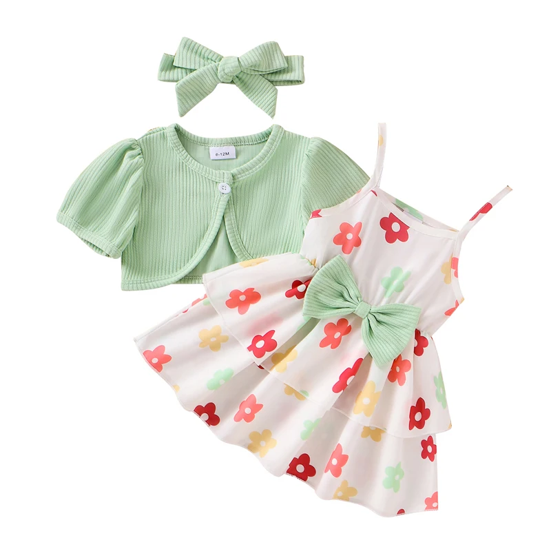 Toddler Baby Girls 3 Piece Dress Outfit Sleeveless Layered Floral Dresses and Short Sleeve Ribbed Cardigan Headband