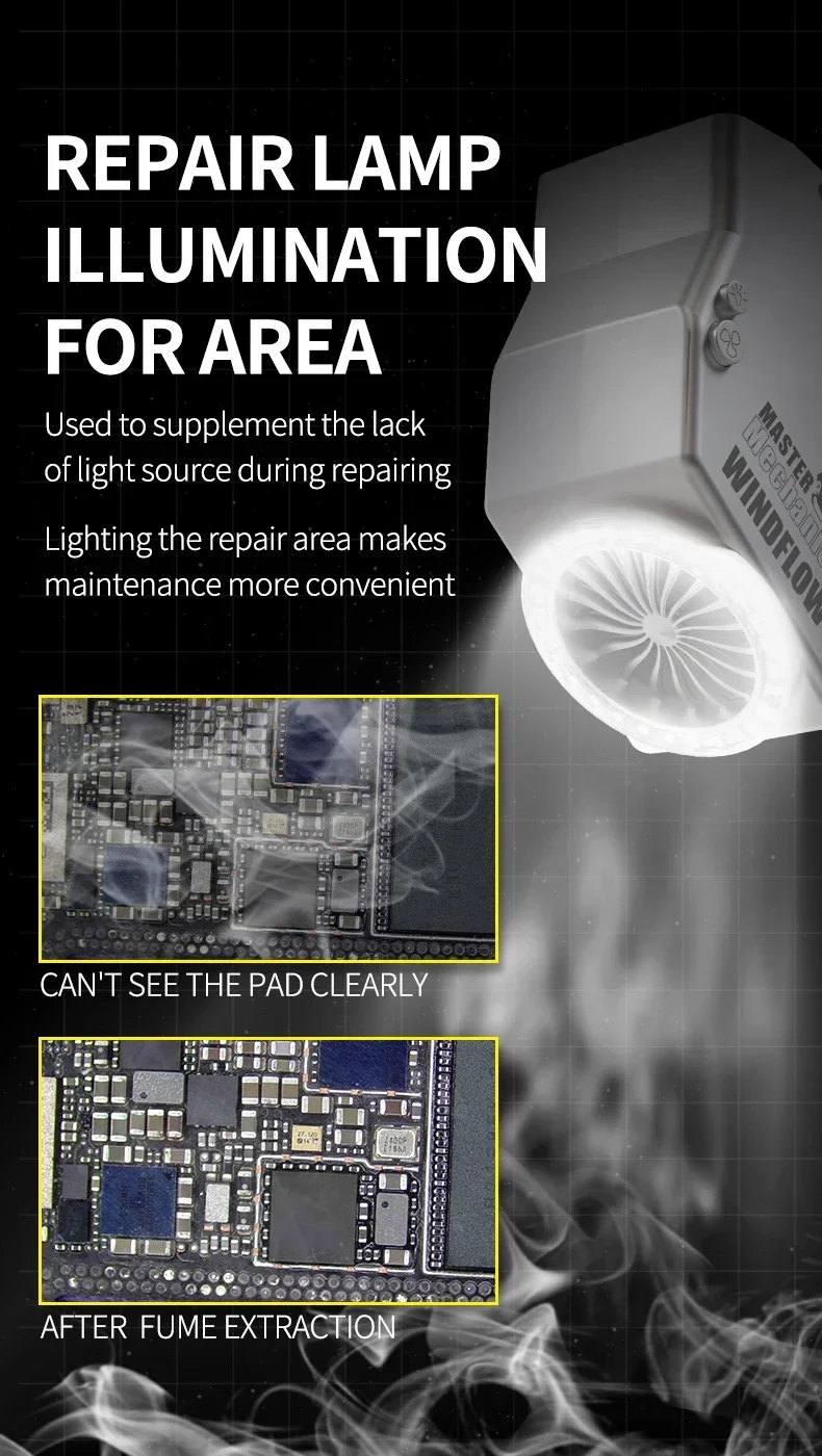 Imagem -05 - Instrumento Mecânico de Exaustão de Fumaça Windflow x com Microscópio Leve Placa-mãe Reparo Pcb Soldagem Remoção de Fumaça Ferramenta de Iluminação