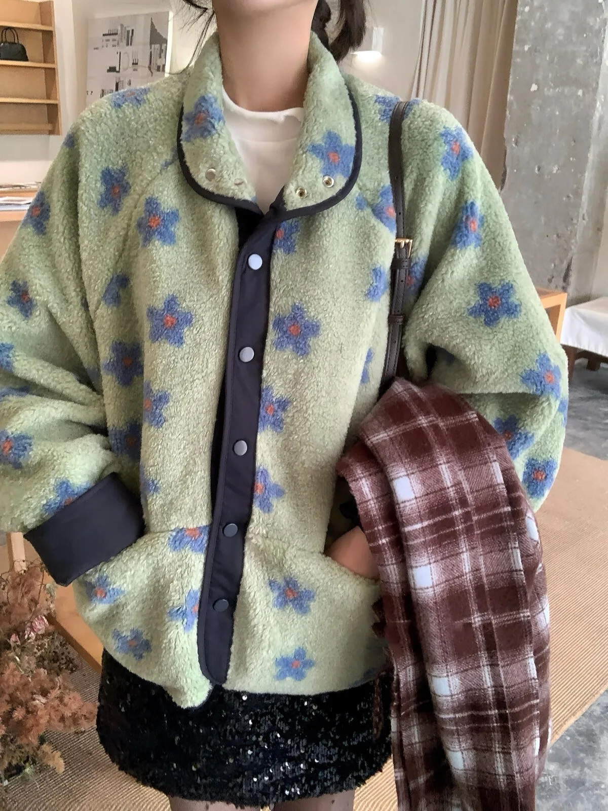 韓国 Sle 甘いかわいいラムファーコート女性の暖かさふわふわ花柄アウター春秋冬ファイオンストリートウェア