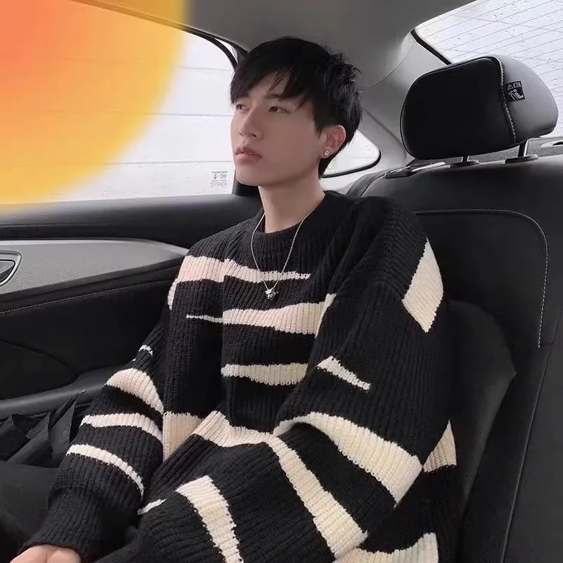 

Loose Fit Knitted Sweater for Men Autumn Winter Large Size Patchwork Asymmetrical Trendy Couple Lazy Hong Kong Sle Knitwear