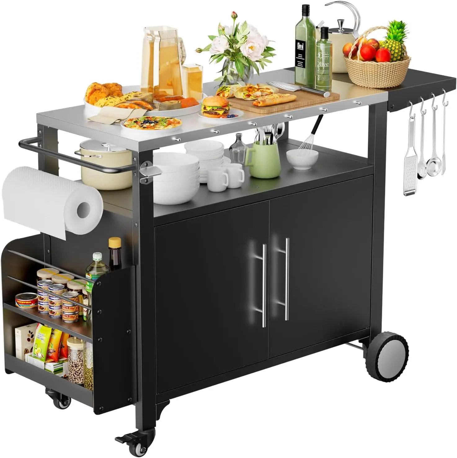 

Outdoor Grill Cart with Storage,Patio Kitchen Island with WheelsHooks and Spice Rack,Waterproof Outdoor Grill Table