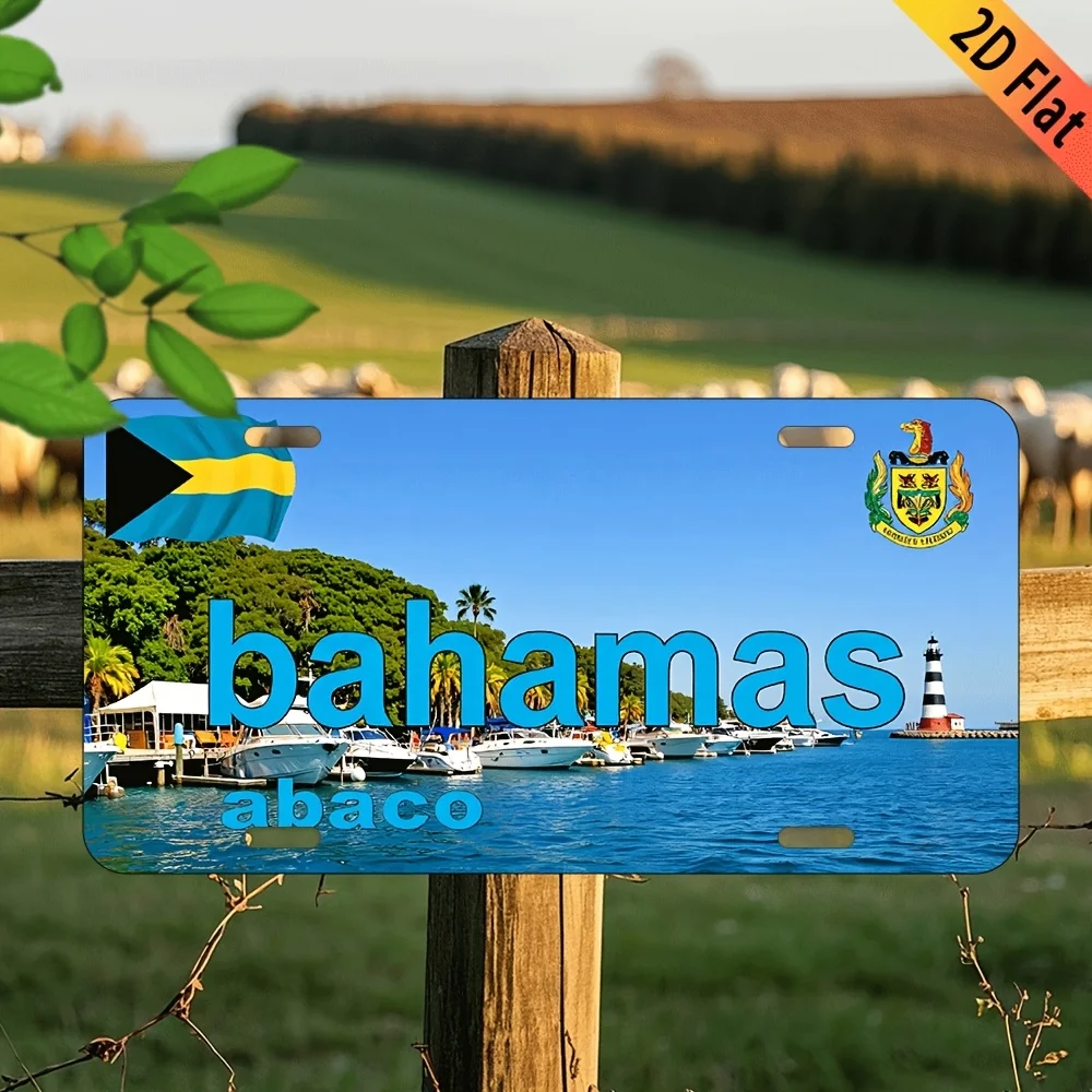 2D Flat - 1pc Bahamas Abaco Vintage Aluminum Sign -  Wall Decor with Tropical Beach Scene, Palm Trees & Lighthouse