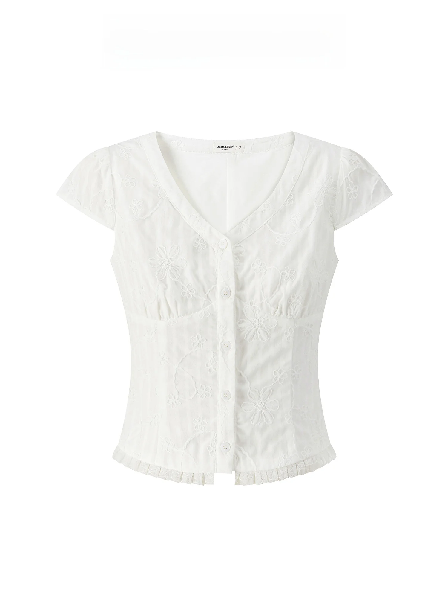 

Французская блузка с вышивкой и кружевной отделкой, короткий рукав, женская модная дышащая блузка с V-образным вырезом, на пуговицах, облегающая, приятная к телу