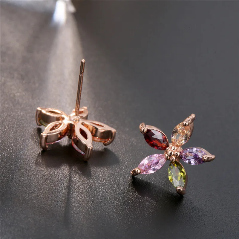 Women\'s Fashion Multicolor Zirconia Stud Earrings Colorful Rhinestone Prong Romantic Rose Gold Flower Earring Jewelry Best Gifts