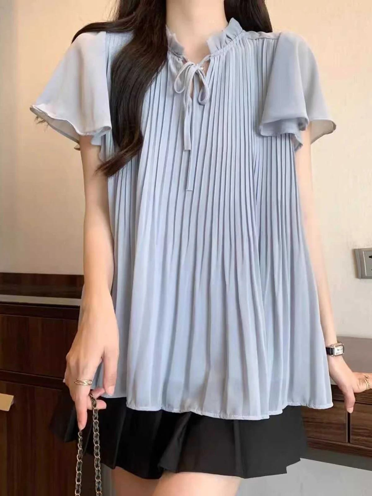 

plus Size Women's Summer irt ort Sve Pleated Slimming Chiffon Top Belt Design Commute Sle Loose Fit Polyester Fiber