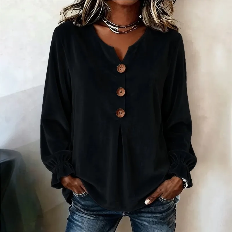 Elegant Women Velvet Tops Sweatshirt Casual Button Notched Collar Long Sleeve Blouses Shirts Women Autumn Winter Pullover Tops