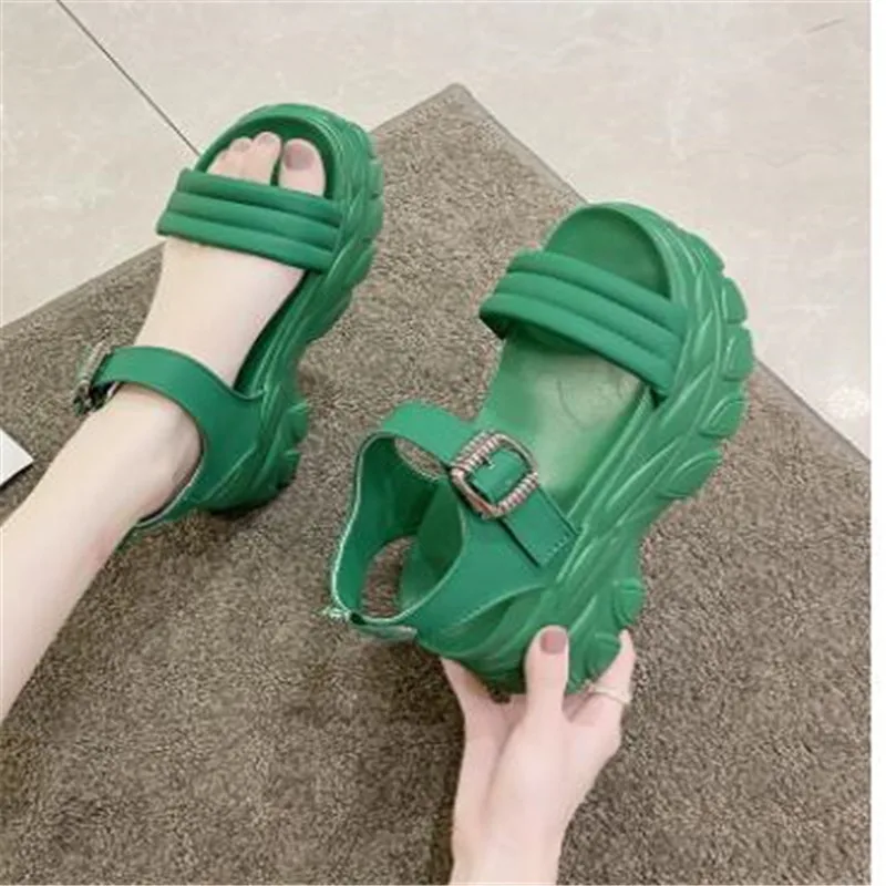 2024 Summer Green Metal Buckle Platform Sandals Women Adjustable Wedge High Heels 8cm Chunky Sole Sports Beach Slides