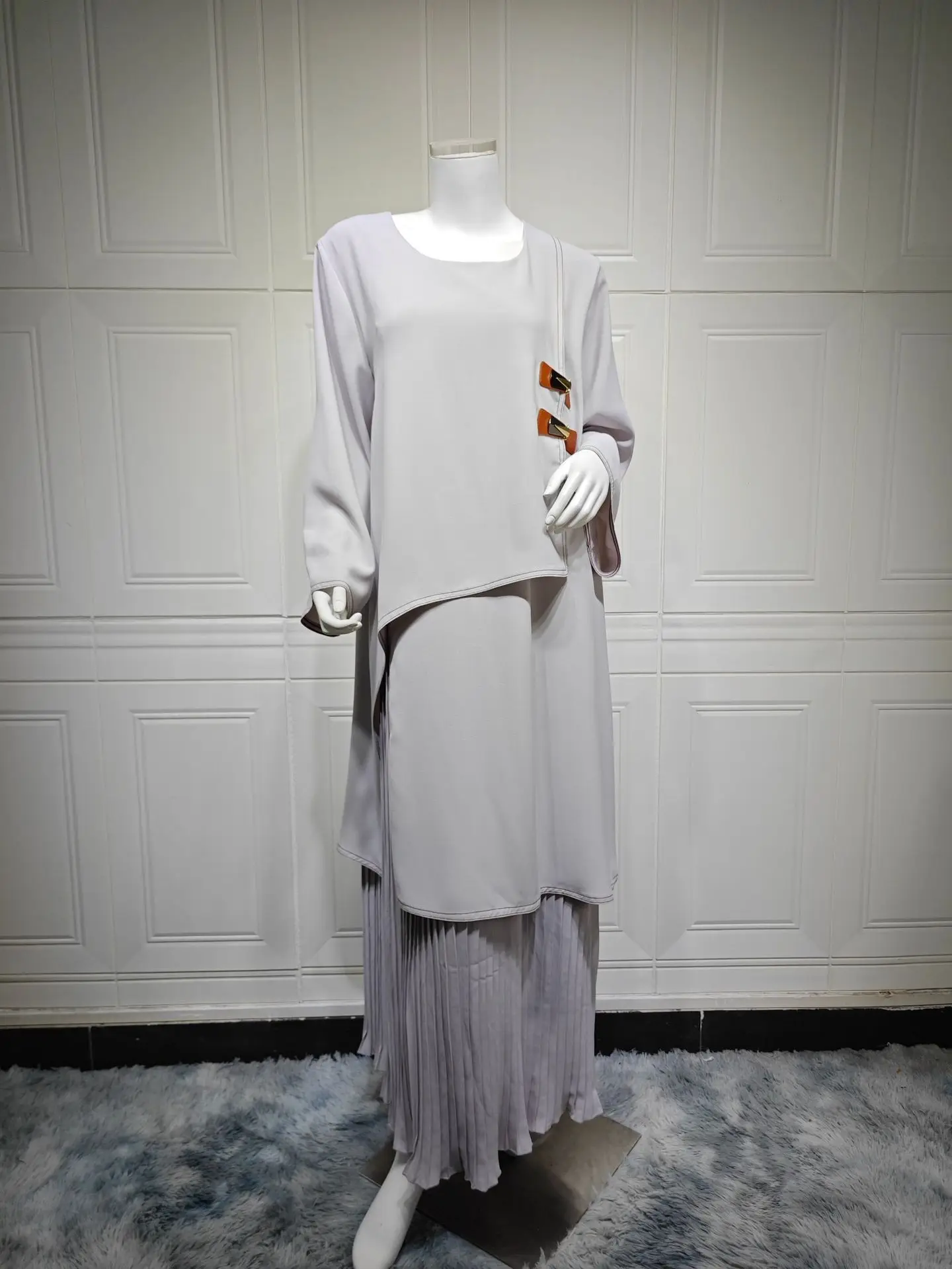 

Uni Dubai Fashion Splice Abaya Long Sleeve Pullover Muslim Elegant Pleated Hem Dresses