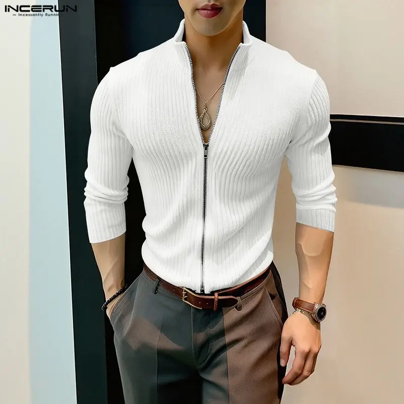 

INCERUN мужская рубашка однотонная вязаная молния с длинным рукавом мужской кардиган уличная одежда в корейском стиле модная повседневная мужская одежда топы